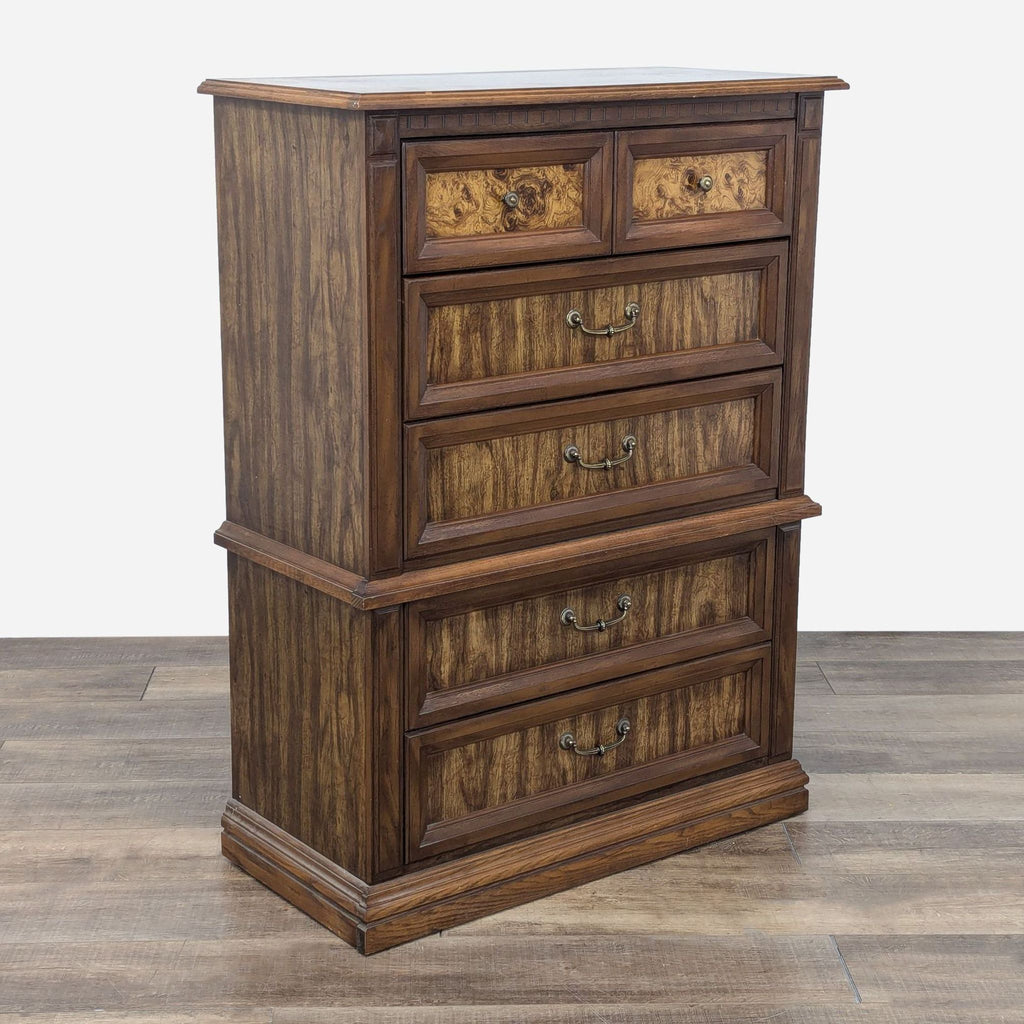 a tall, antique, antique, chest of drawers.