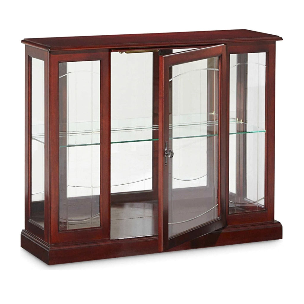 a mahogany display case with glass shelves