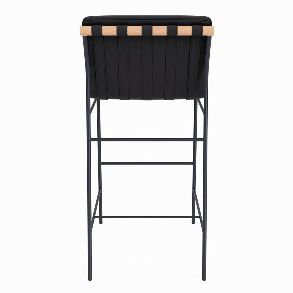 a black bar stool with a black seat and a wooden bar stool.