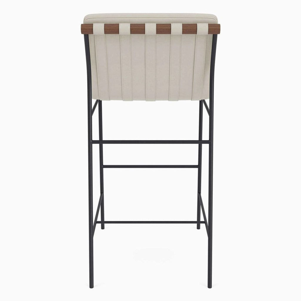 Back view of a modern counter stool with leather upholstery, solid wood dowels, and a black steel frame.