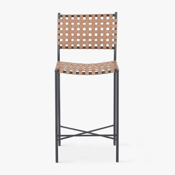 a bar stool with a woven seat and a black metal frame.