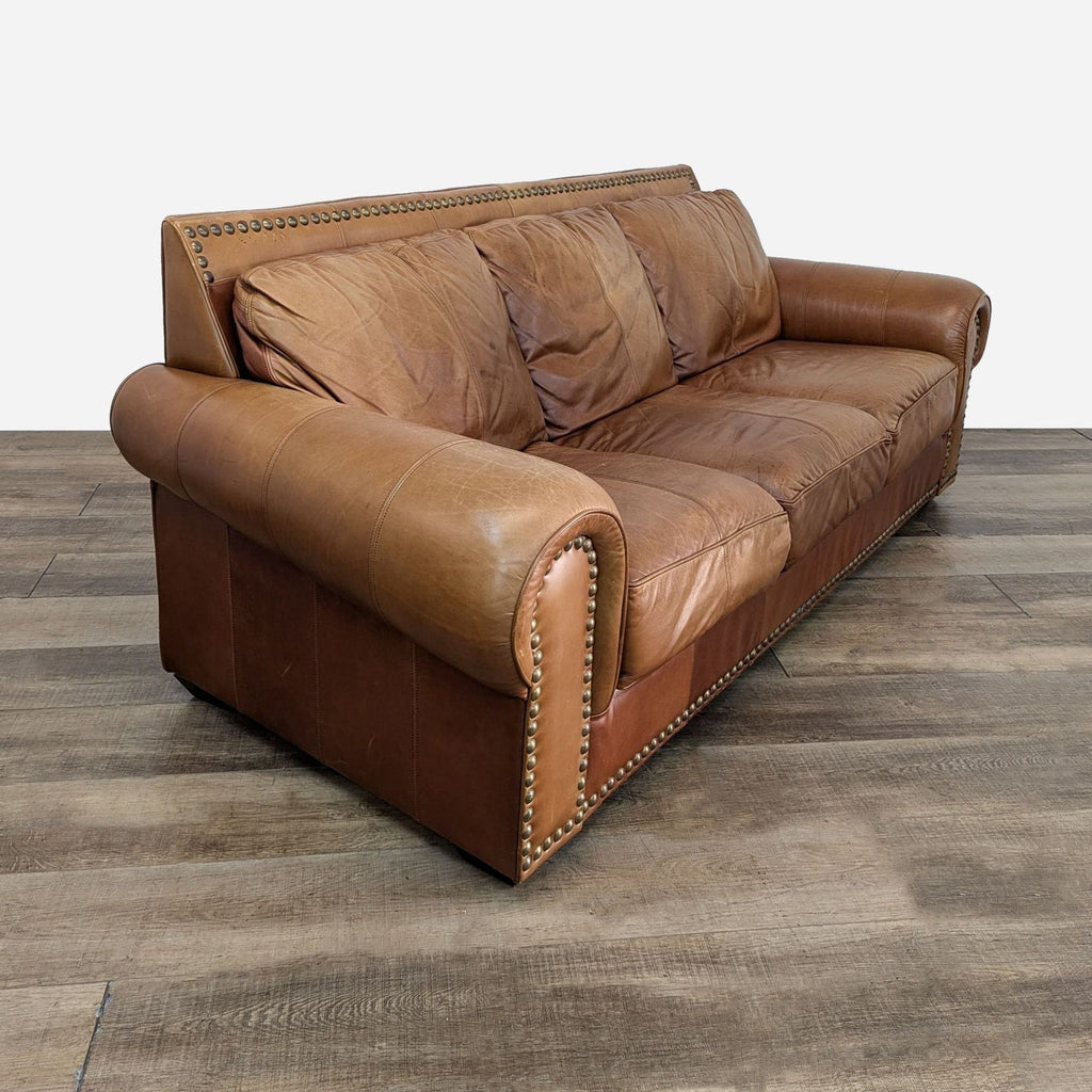 Rustic 3-Seat Leather Sofa with Nailhead Trim