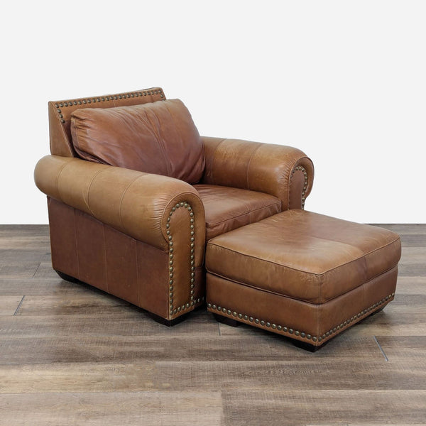 Rustin brown leather lounge chair with nailhead trim and matching ottoman, brand Reperch.