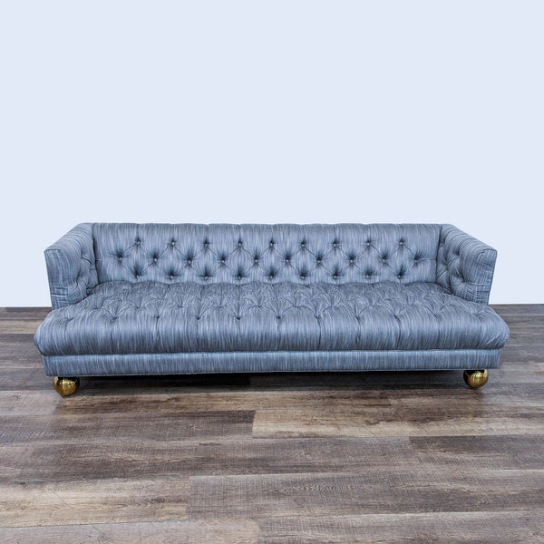 1. Modern Jonathan Adler 3-seat sofa with tufted blue-gray upholstery and brass spherical legs.