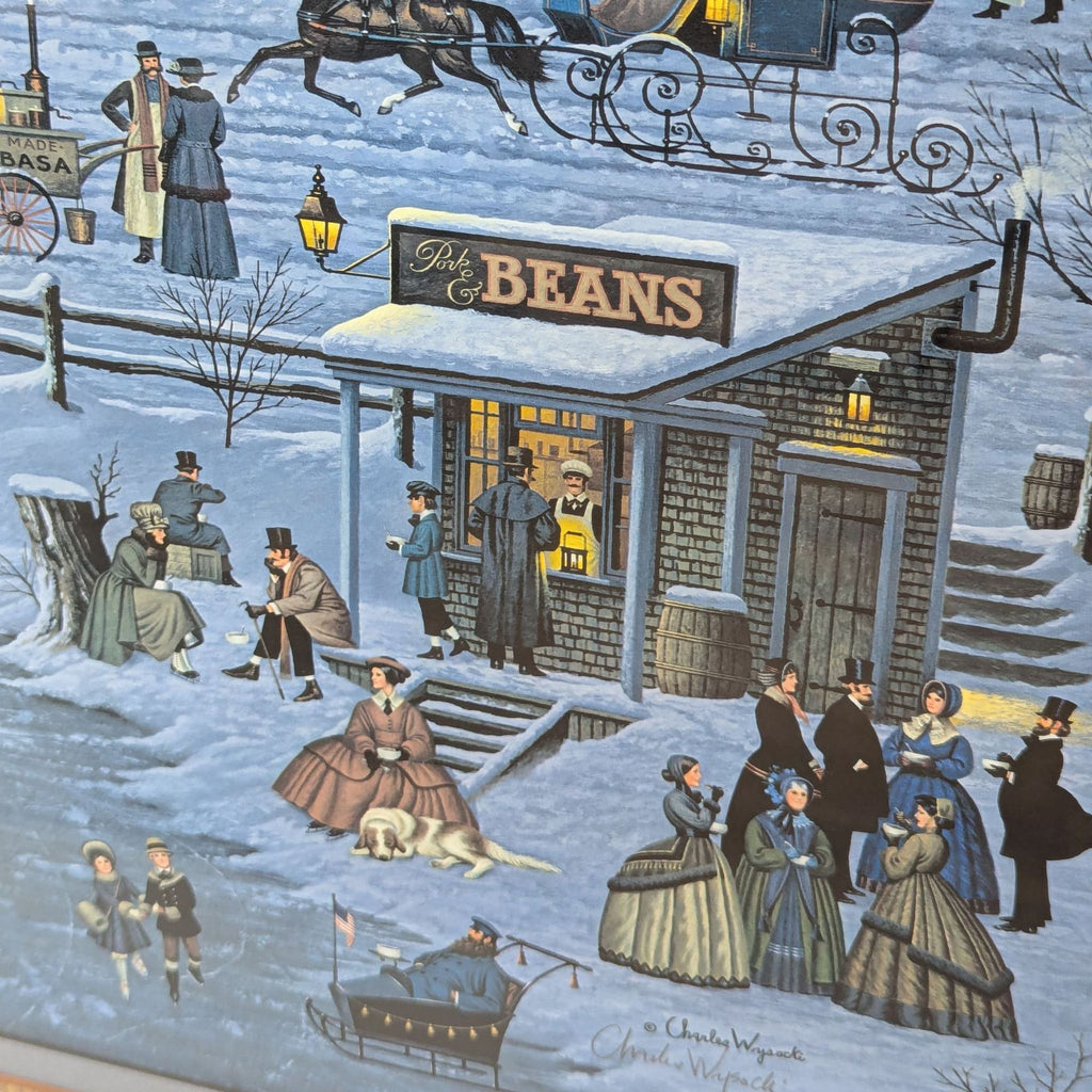 a painting of a winter scene with people walking in front of a store.