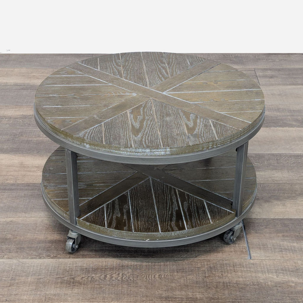 Two Tier Planked Wood and Metal Coffee Table