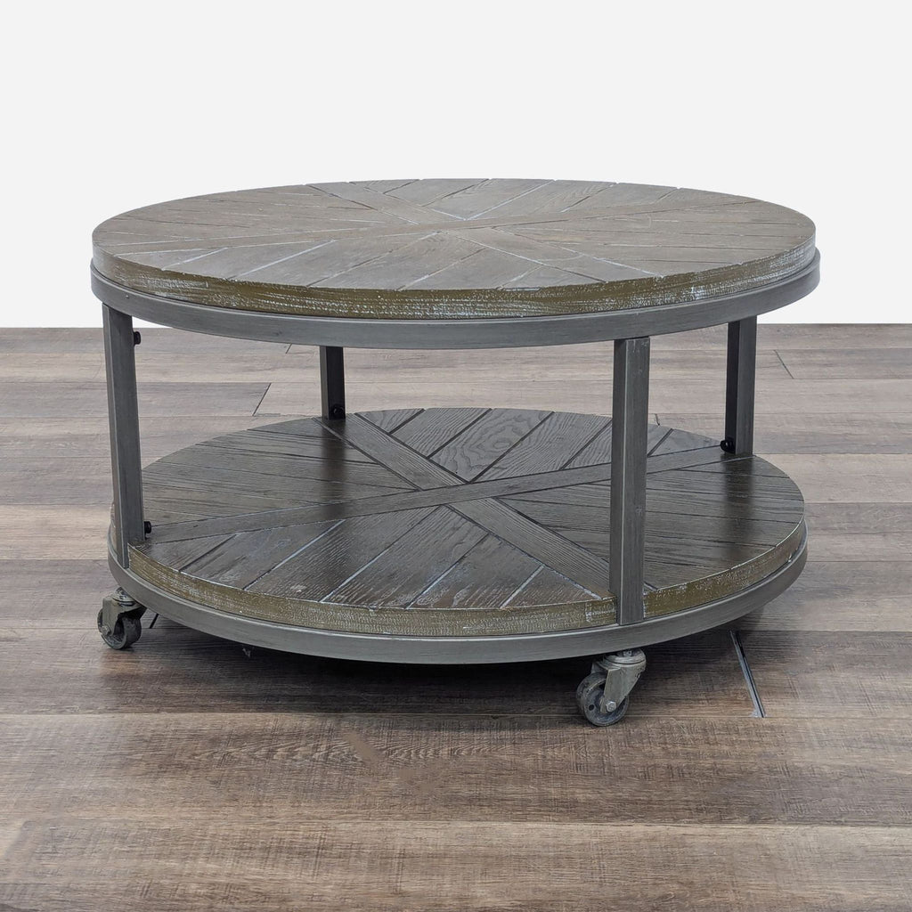 a round coffee table with wheels