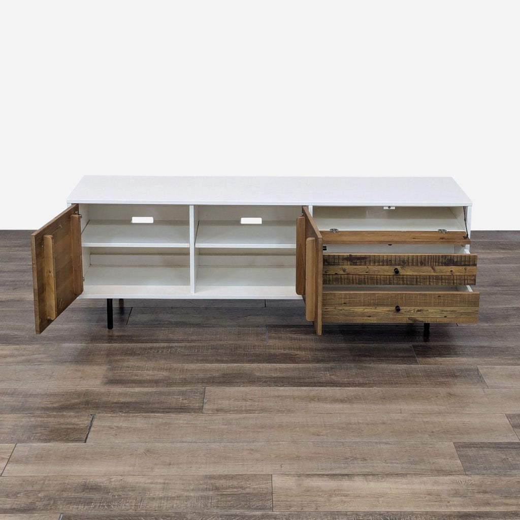 a large, rectangular, white and brown coffee table with two drawers.