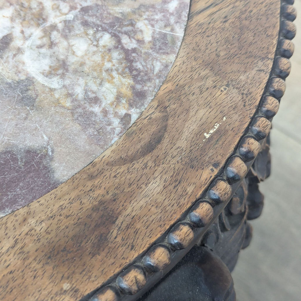 a round carved wood and stone side table with a marble top for sale - image 7 of 13