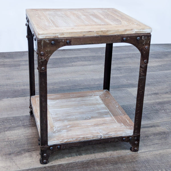 a vintage industrial side table with a shelf