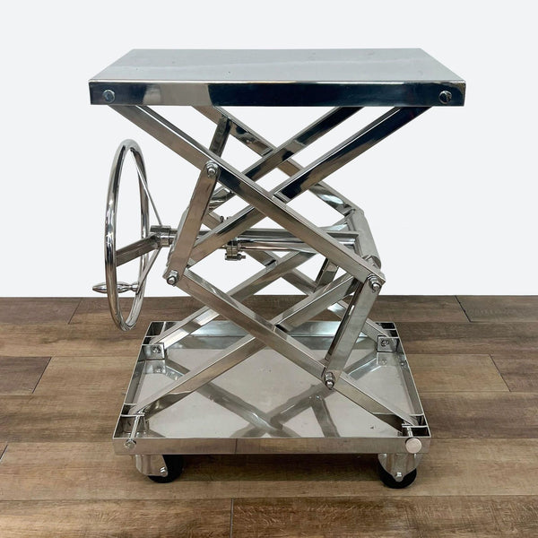 a modern industrial style bar cart with wheels.