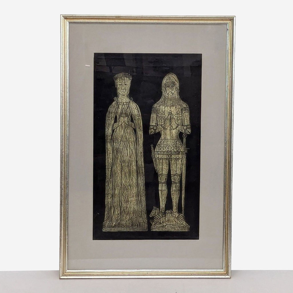 a framed black and gold framed print of two figures of two women