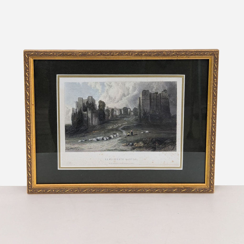 a framed watercolor painting of a ruined castle