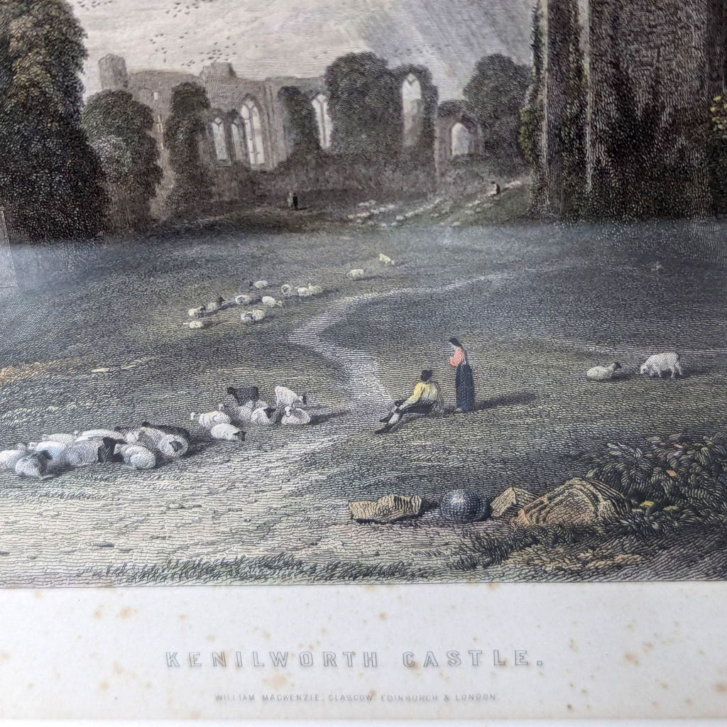 a lithograph of a landscape with sheep and a man