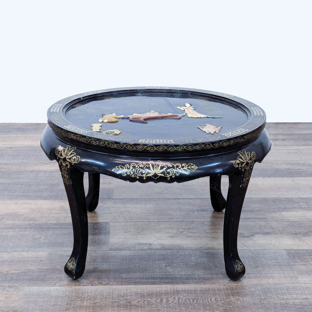 a chinese black lacquer table with a large clock face.