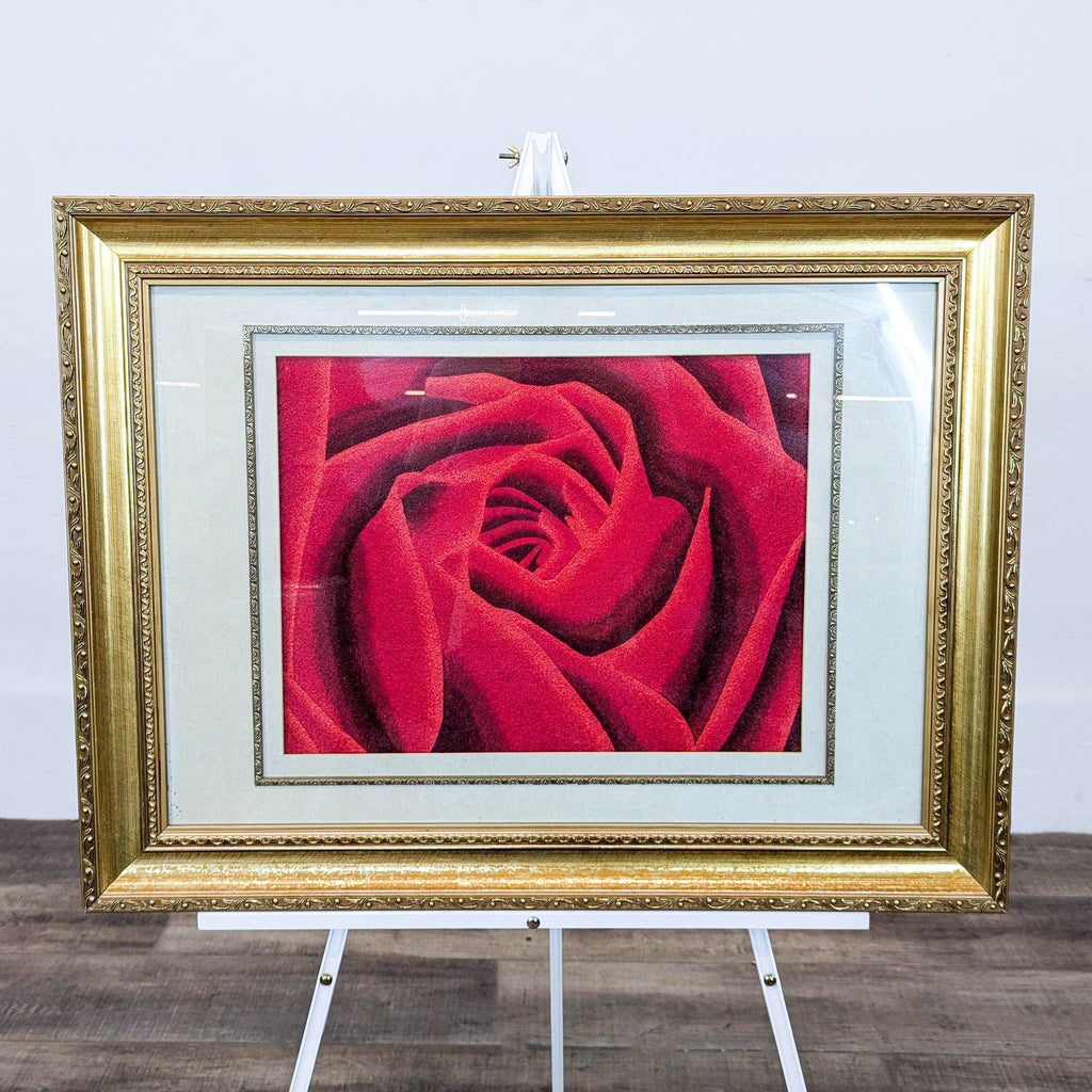 a framed painting of a red rose