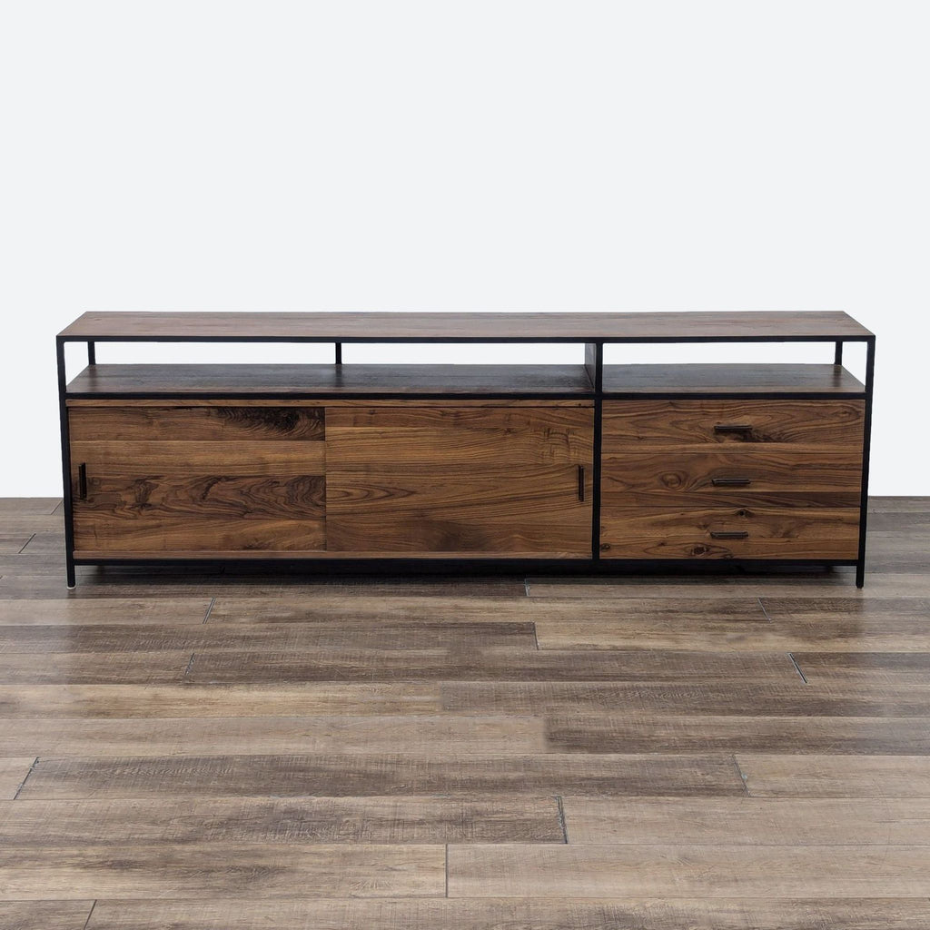 the modern coffee table is made from solid walnut and has a metal frame and a glass top.