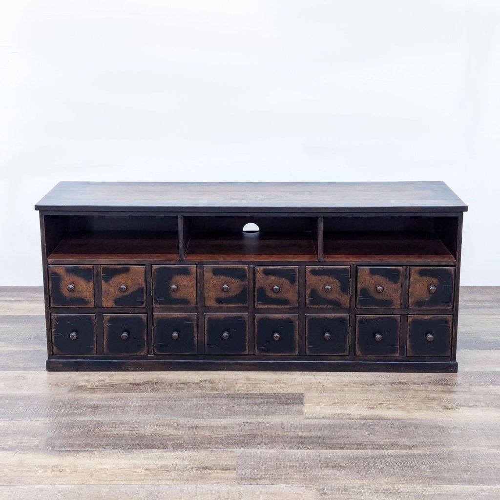 a large chinese teak wood teak buffet with six drawers.