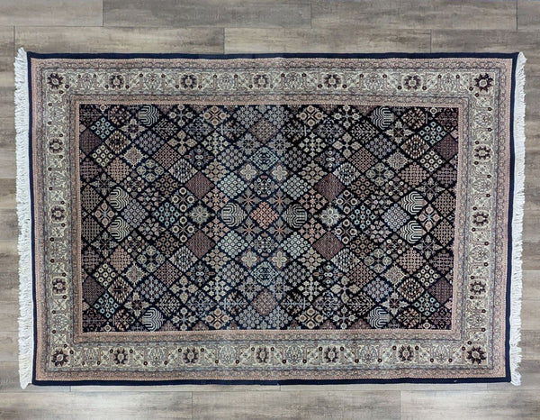 a large oriental rug with a geometric pattern.