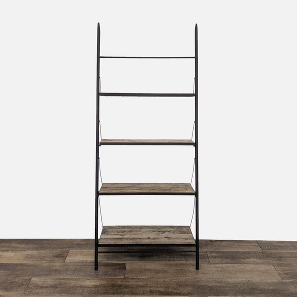 a tall metal ladder with a wooden shelf on top.