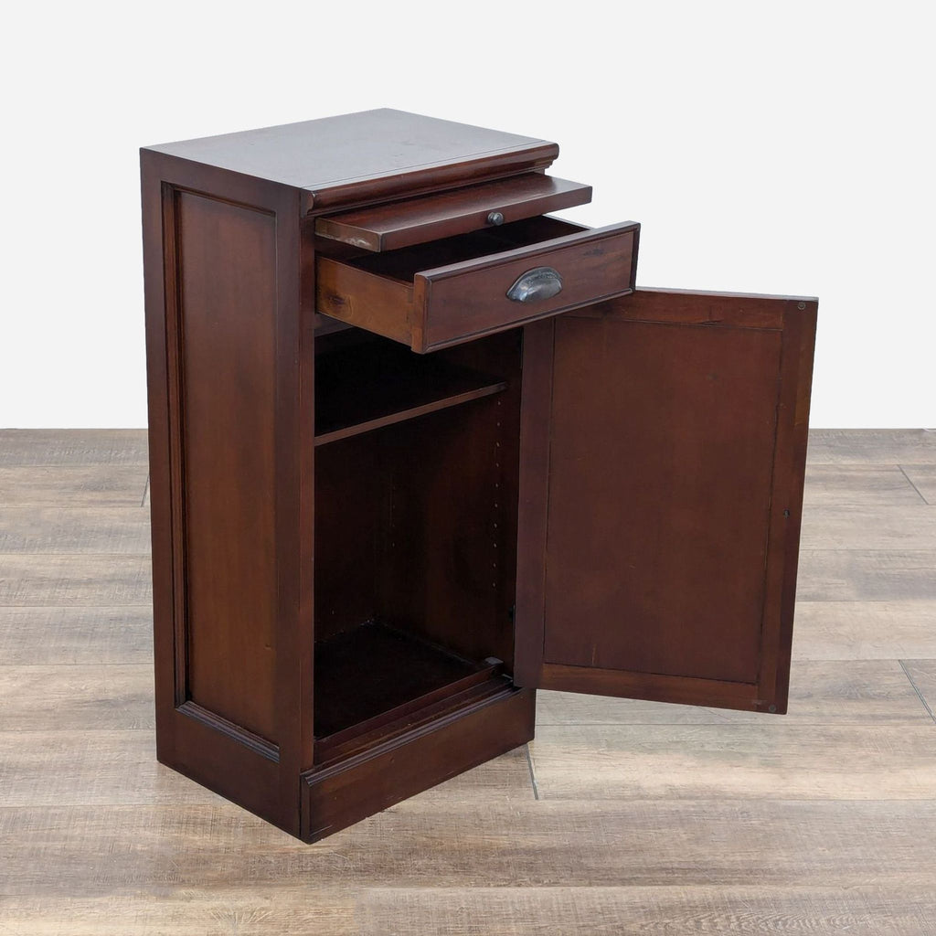 the [ unused0 ] - dark cherry wood corner desk with open drawers