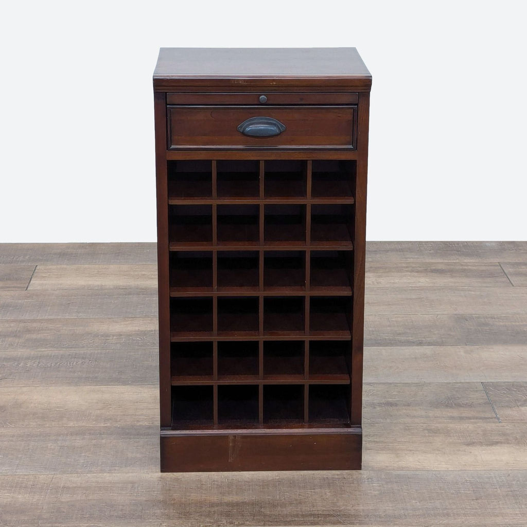 a vintage mahogany storage cabinet with a drawer and a shelf.