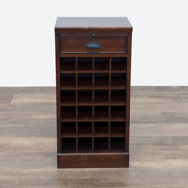 a vintage mahogany storage cabinet with a drawer and a shelf.