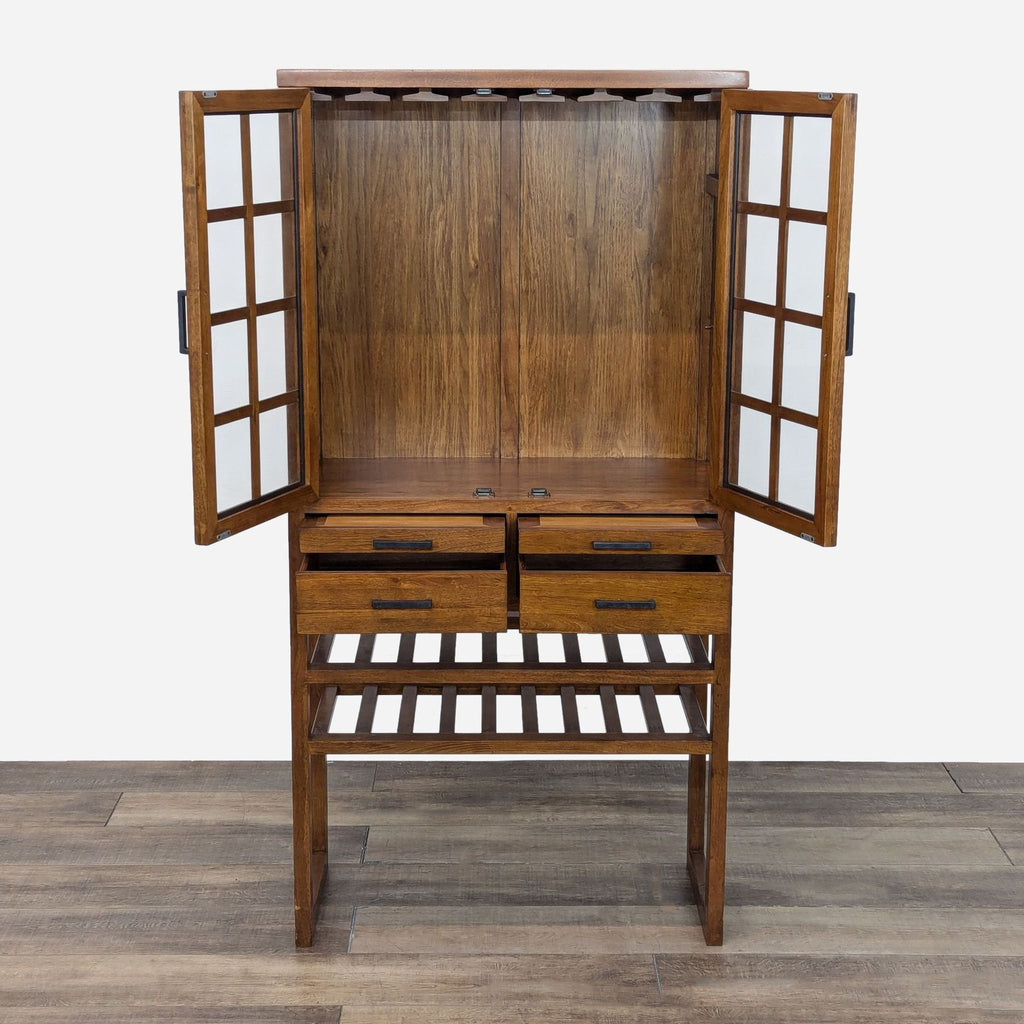 a mid century teak wood and metal cabinet.
