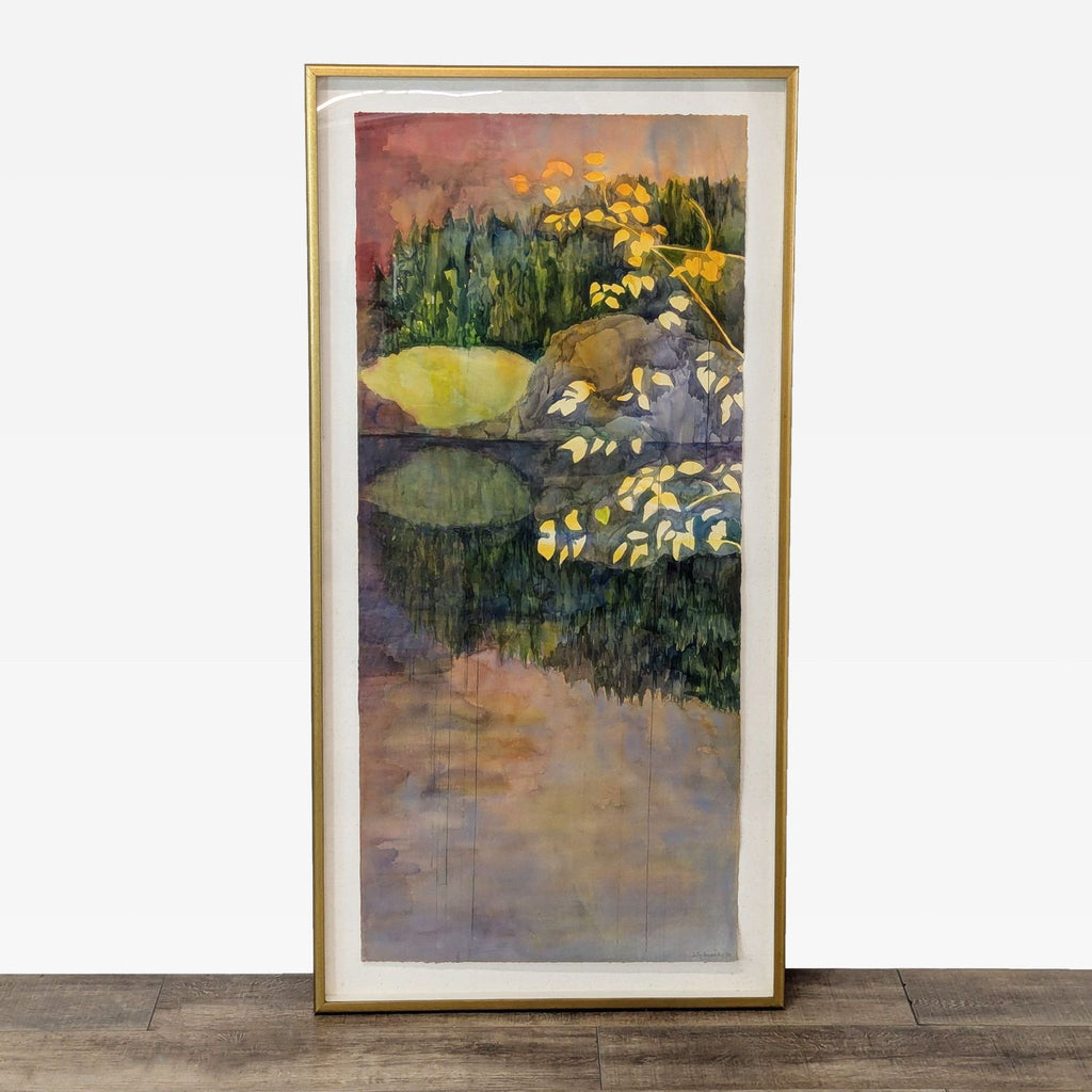 a painting of a pond with flowers and a yellow umbrella
