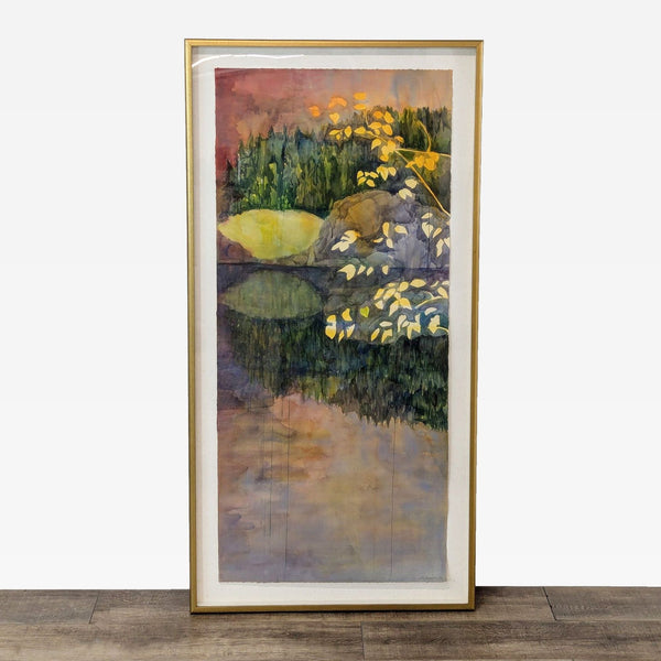 a painting of a pond with flowers and a yellow umbrella