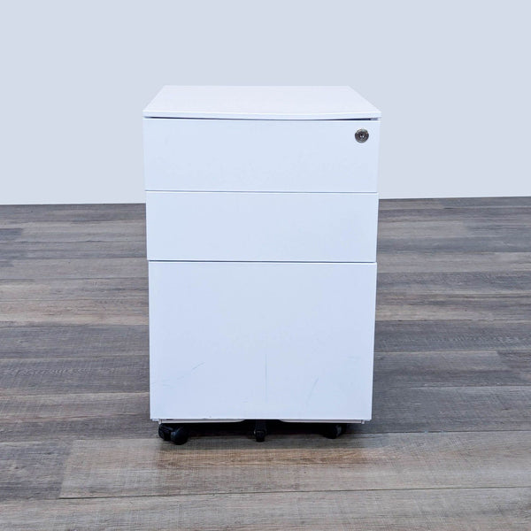 the office filing cabinet is made of metal and has a metal frame.