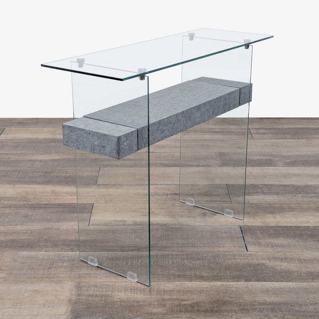 a glass table with a shelf in the middle.