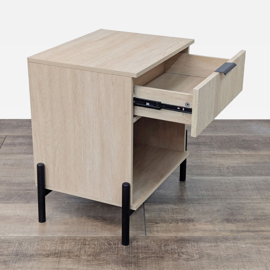 the side table is made of plywood with a metal frame and a metal frame.