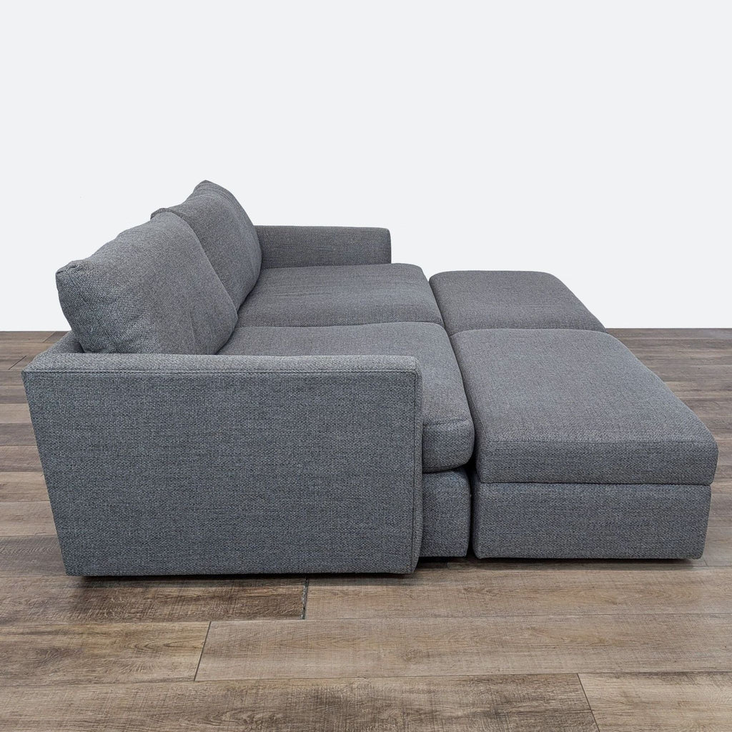 Crate & Barrel Grey Sofa with Storage Ottomans