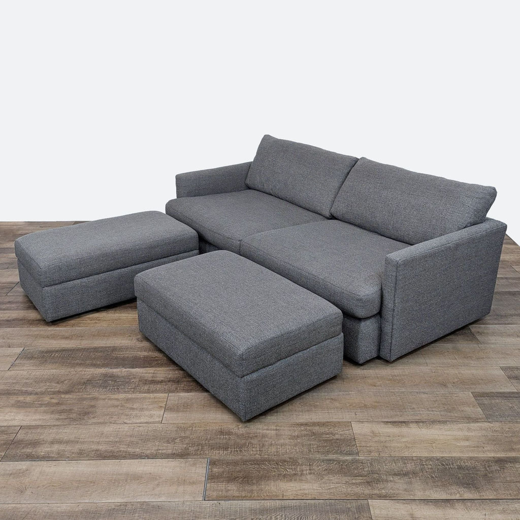 Crate & Barrel Grey Sofa with Storage Ottomans