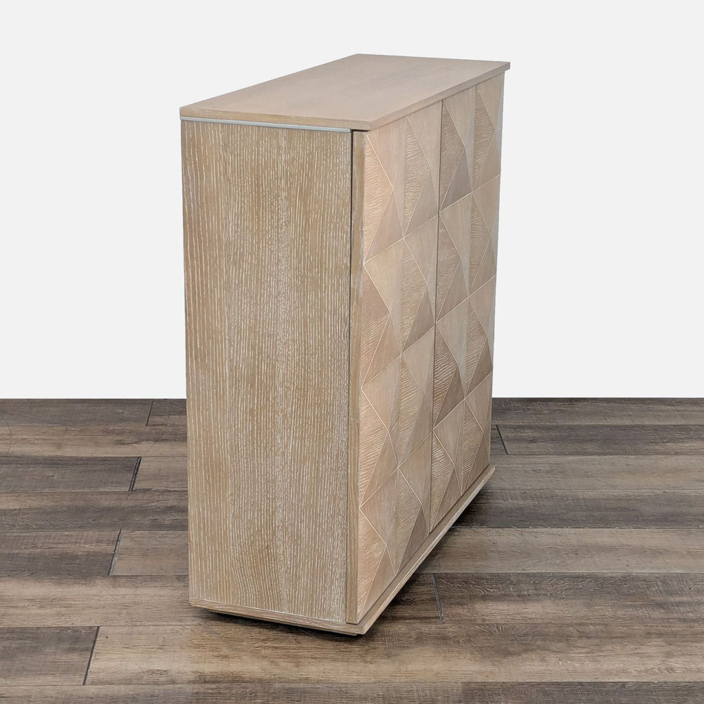 the sideboard is made of a solid wood with a geometric pattern.