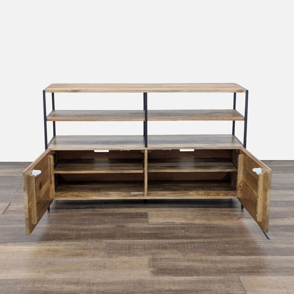 a wooden shelf with shelves