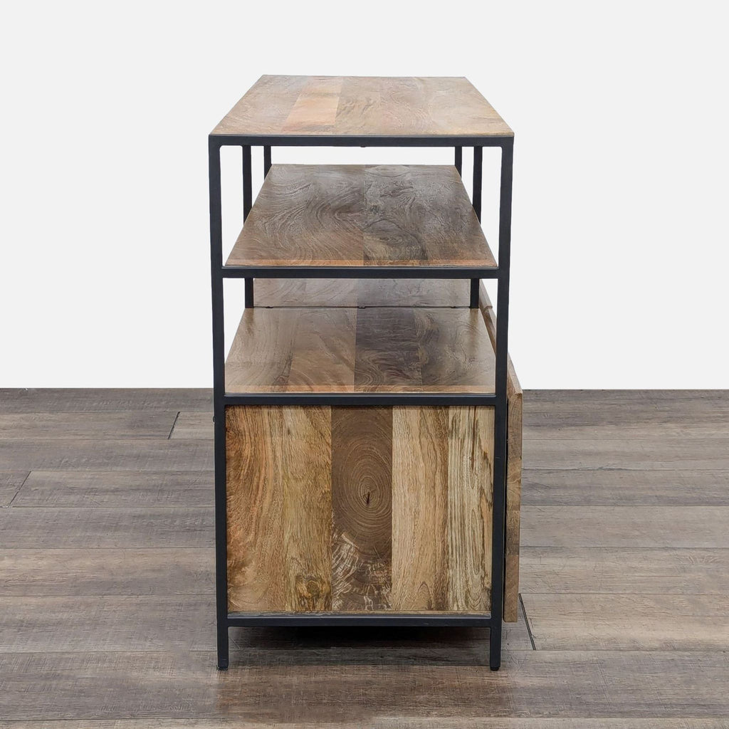 a metal and wood side table with a metal frame and a shelf.