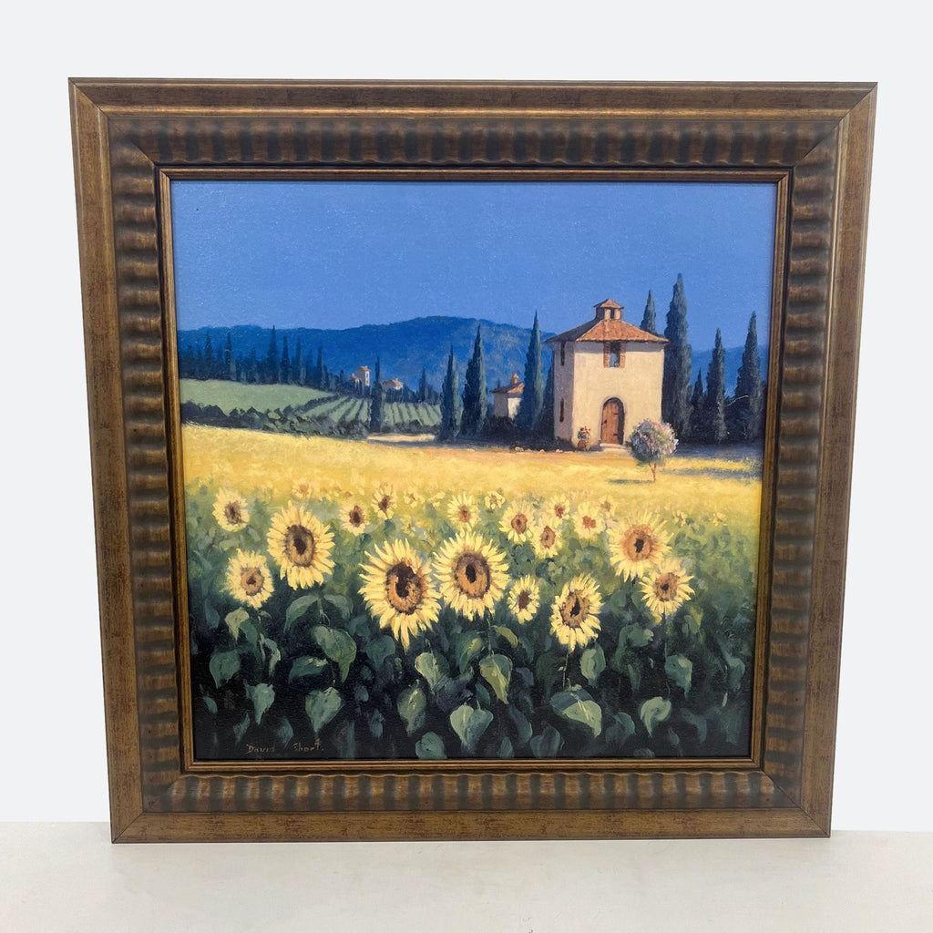 framed oil painting of sunflowers in a field