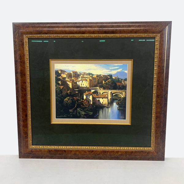 framed oil painting of a bridge over a river