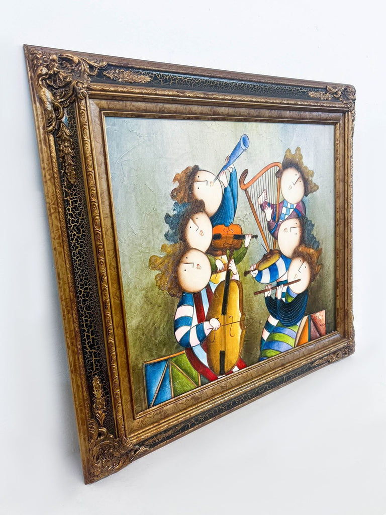 a painting of a group of musicians in a gold frame.