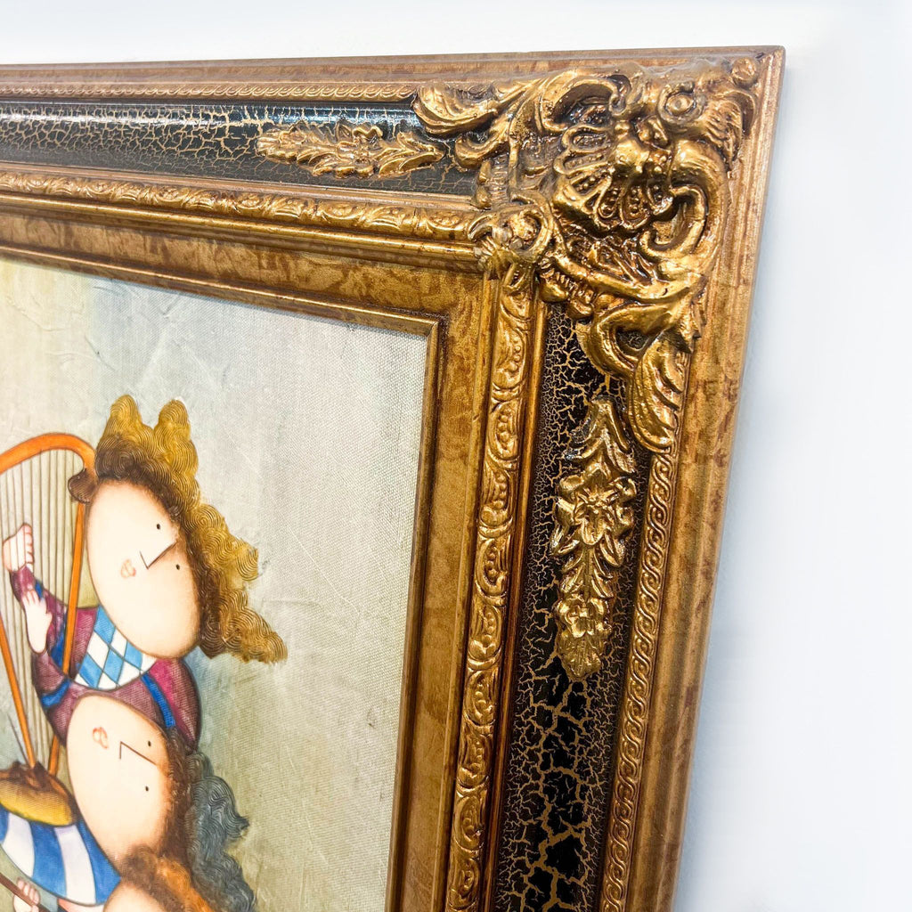 a framed painting of a couple playing a harp