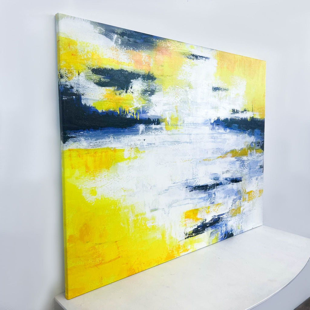 Original Abstract Yellow and Blue Acrylic Painting on Canvas
