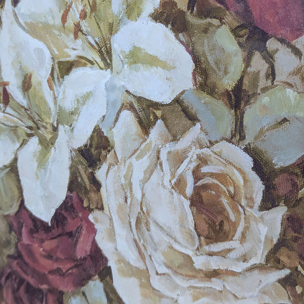 a close up of a painting of flowers