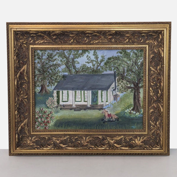 a framed oil painting of a house in the country.