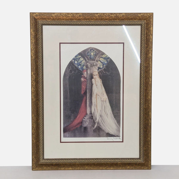 framed print of a woman in a white gown