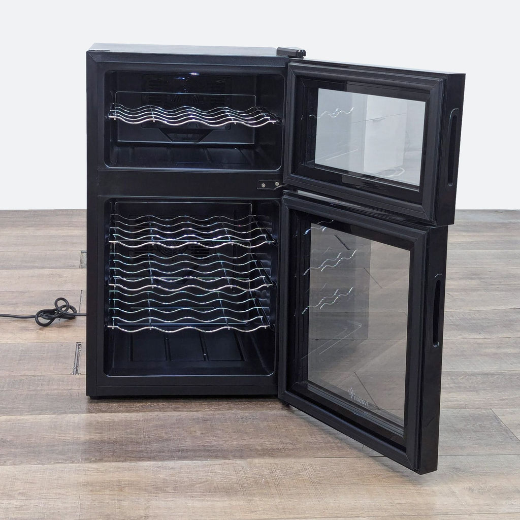 a black refrigerator with glass doors.