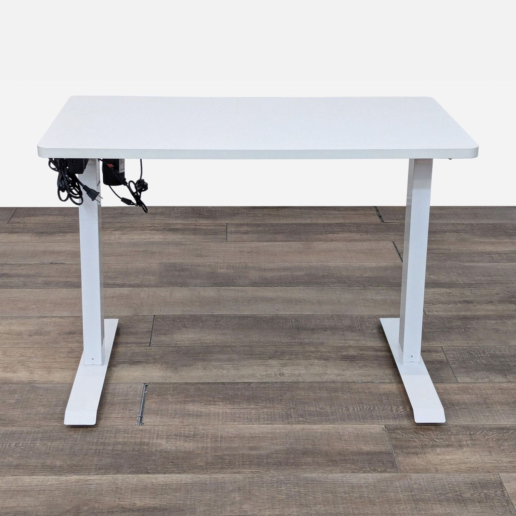 white desk with a white metal frame and a white metal frame