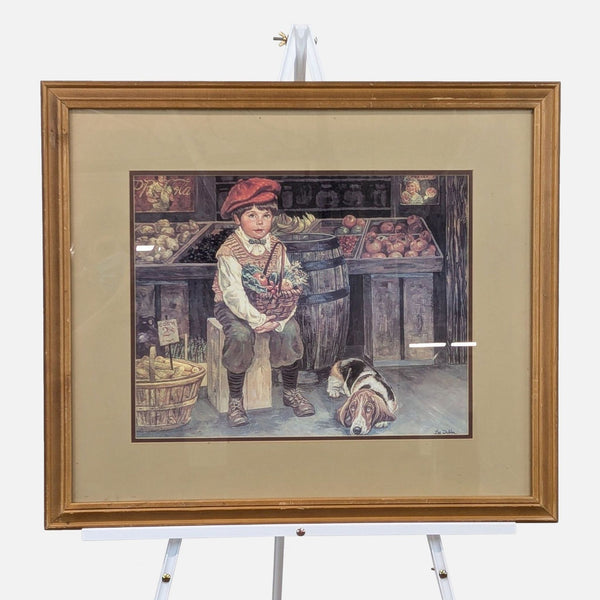 framed oil painting of a boy with a basket of fruit