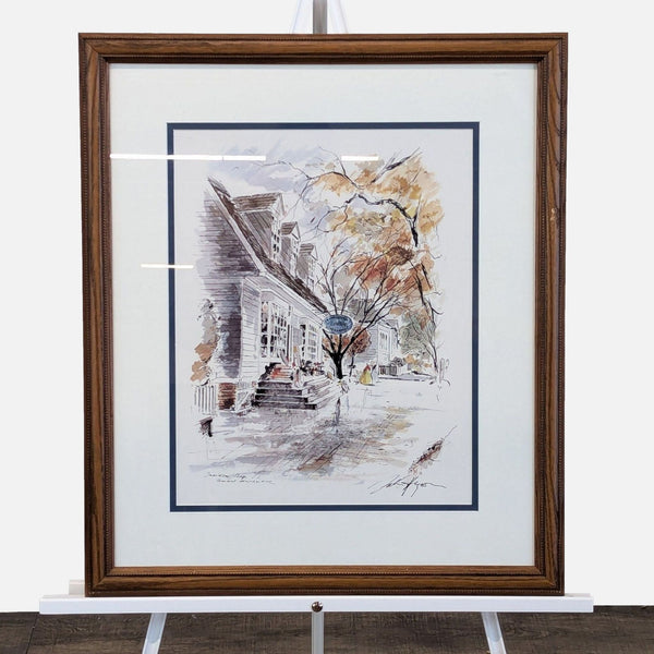 a framed watercolor painting of a couple walking down a street.